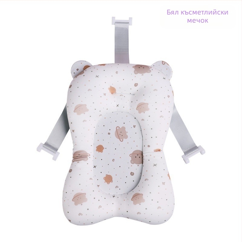 Бебешка подложка за къпане с рамкова мрежа; материал: еластична тъкан с четири посоки + мрежа + пълнеж от полиестер + ПЕ кука; подходяща за сядане и лягане