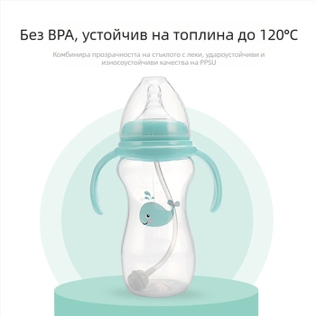 Meiyingtang Бебешка бутилка за новородено с дръжка, PP, широка шийка, аркова форма, отпечатано лого