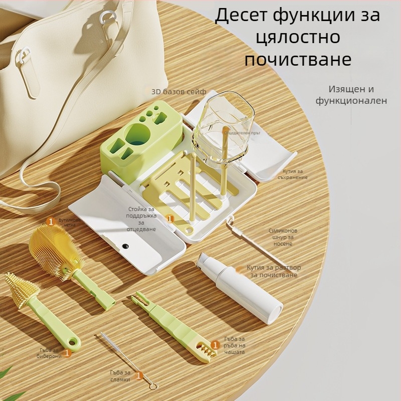 Детски преносим двустранен сгъваем комплект за четки за бутилки – мултифункционални почистващи четки, силиконова четка за чаши и кутия за съхранение