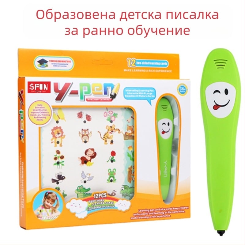 Детска обучителна точкова писалка за английски език – интерактивни функции: семейни игри, разпознаване на реч, музика и звуци; материал: пластмаса; захранване: обикновена батерия; възраст: 7–14 години