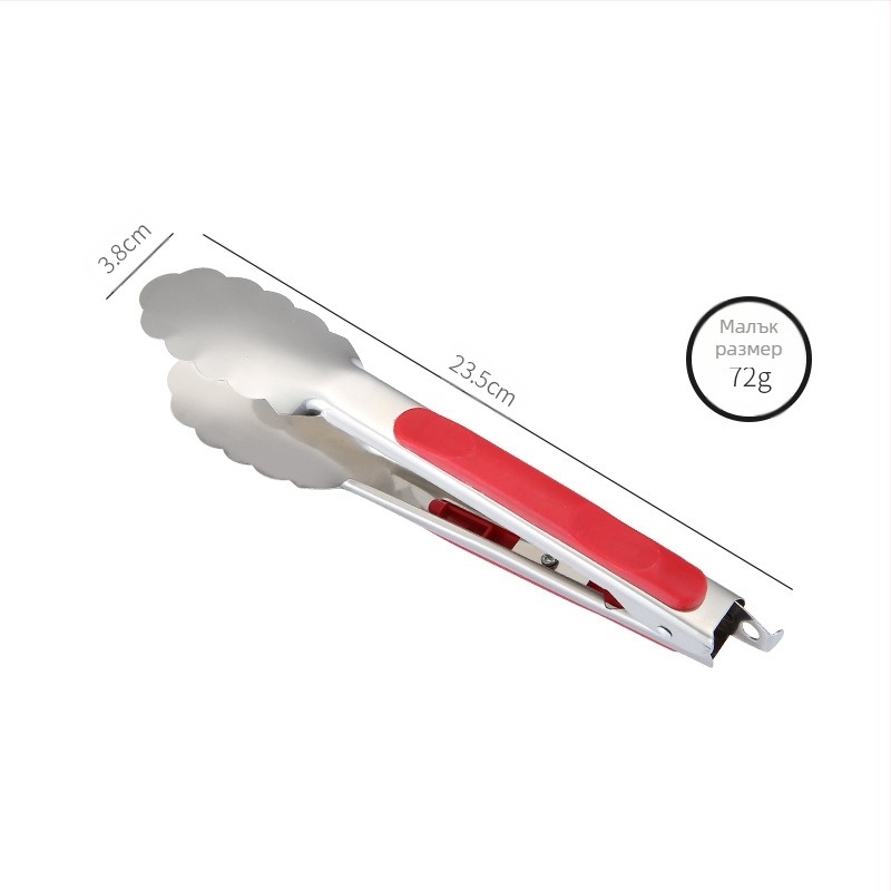 Щипка за храна от неръждаема стомана с червена дръжка, неплъзгаща се, устойчива на високи температури, многофункционална кухненска щипка за хляб и зеленчуци, размери 9, 12 или 14 инча