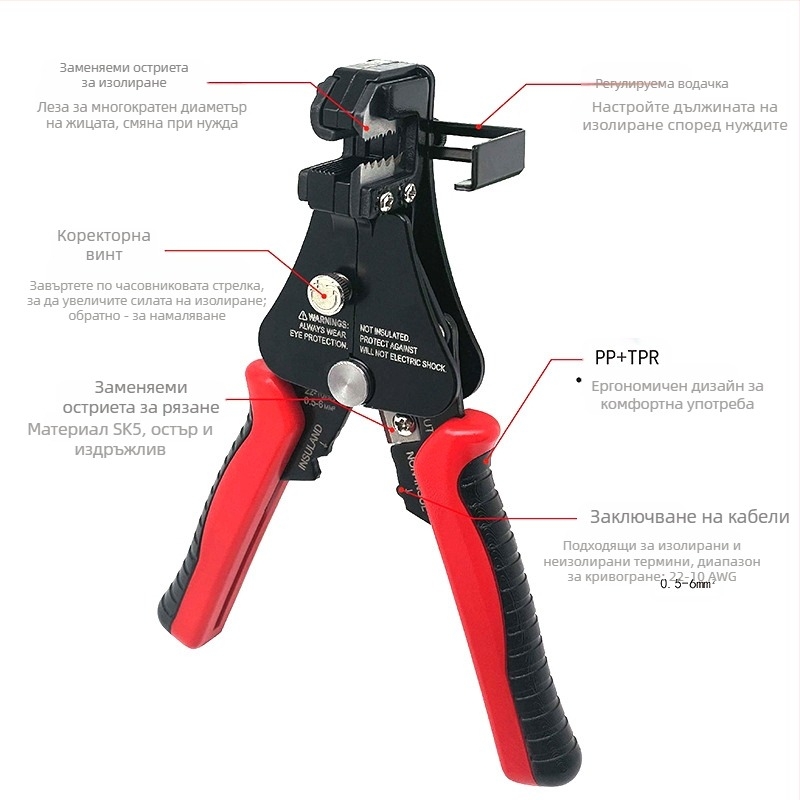 Многофункционални автоматични клещи за обелване на проводници за оптични кабели — зъбести челюсти, обхват 1.0–3.2 мм, тегло 0.36 кг