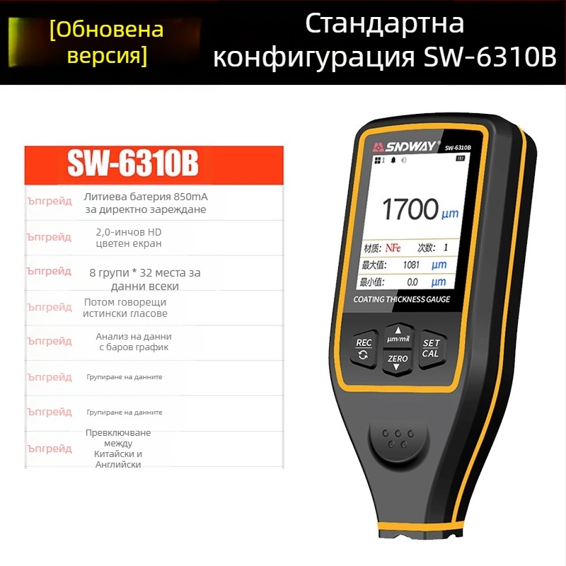 Shendawei SW6310A/SW6310B – измерител на дебелината на боята за автомобилни покрития с LCD дисплей, захранване 1,5V