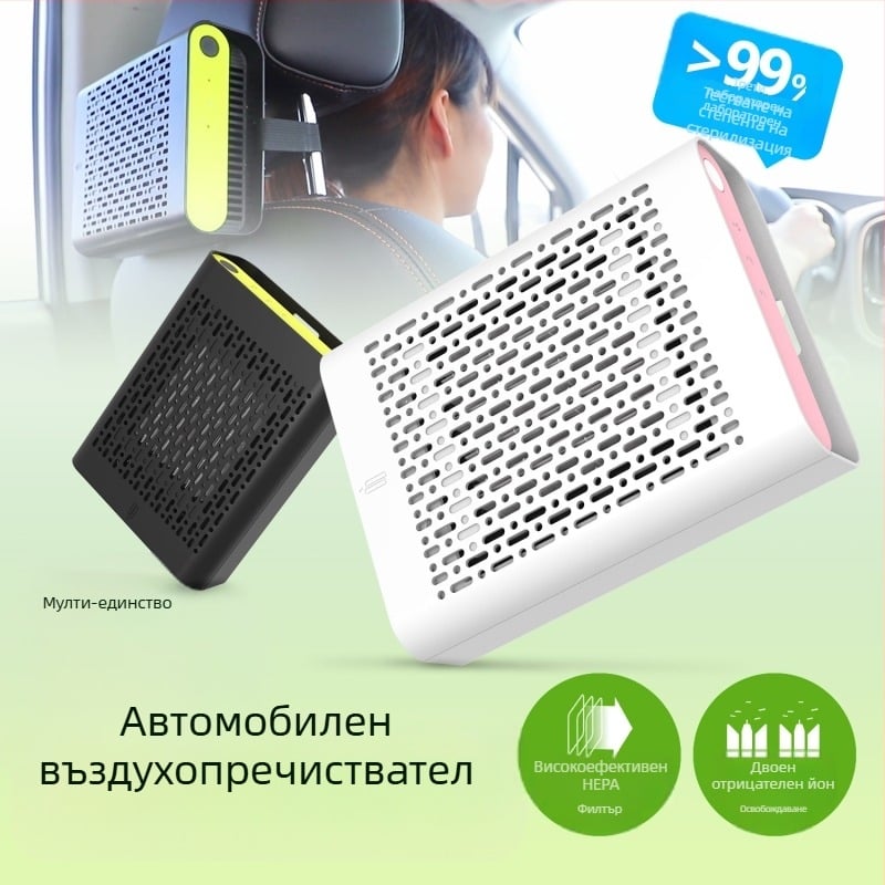 JO-6601 автомобилен пречиствател на въздуха с двойни отрицателни йони и HEPA филтър, премахва PM2.5 и дим, CADR 22 м3/ч, 12–24 V, 2.8 W, 8 000 000 йона/см³