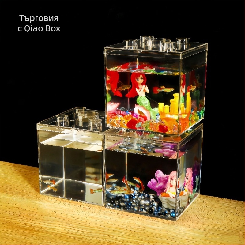 PS пластмасова квадратна кутия с капак за настолен рибен аквариум, капацитет 850 ml, дебелина на стената 2 мм, печат на лого