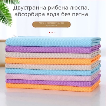 Микрофибърна кърпа за съдове със шарка рибени люспи, абсорбираща, двойно използване за сухо и мокро почистване на стъклени повърхности.