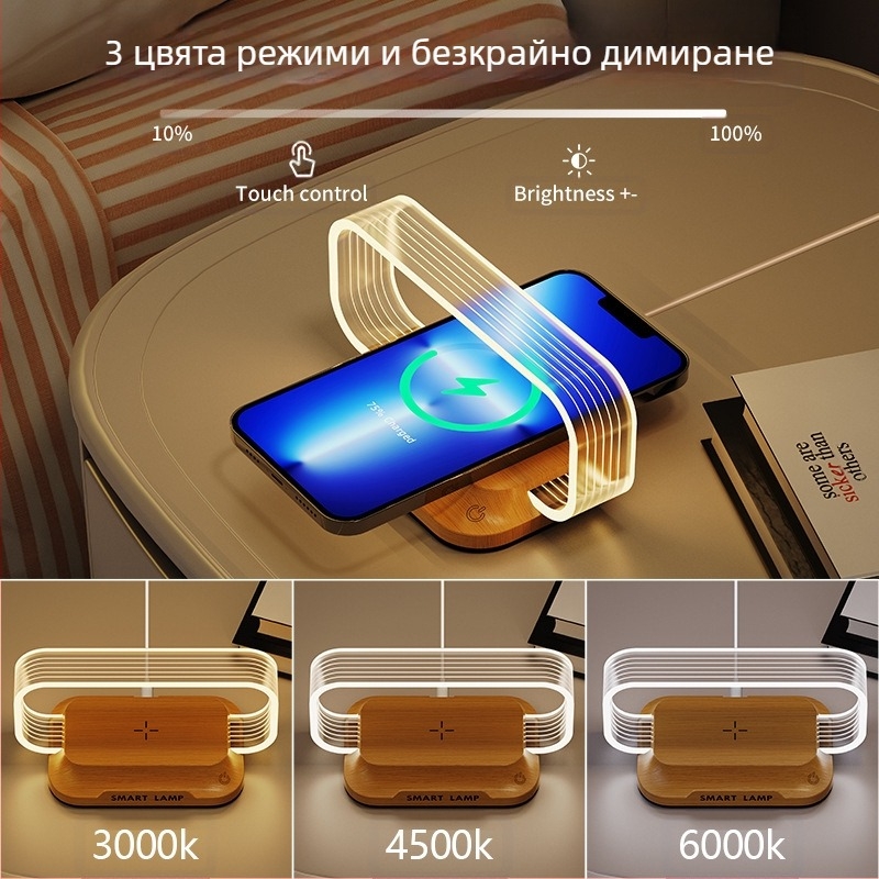 Manjia wr06c Акрилна смарт гласово управлявана нощна лампа за нощния шкаф, безжично бързо зареждане – модерен минимализъм, CE сертифициран