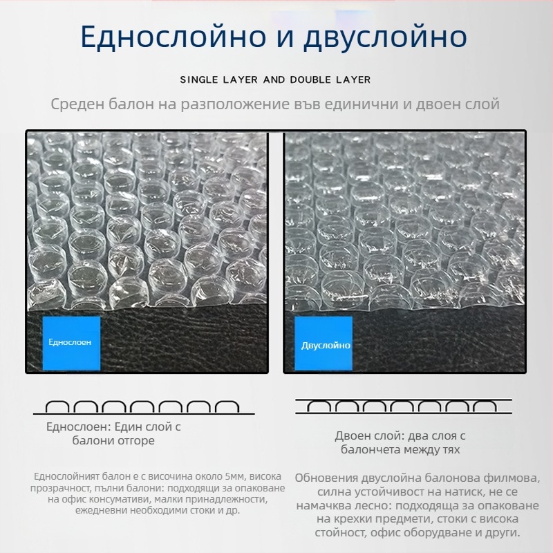 Ролка балон филм за опаковане, удебелен, средни мехури, дебелина 5–6, диаметър на мехурите 10 мм, височина на мехурите 4 мм, плътност 10