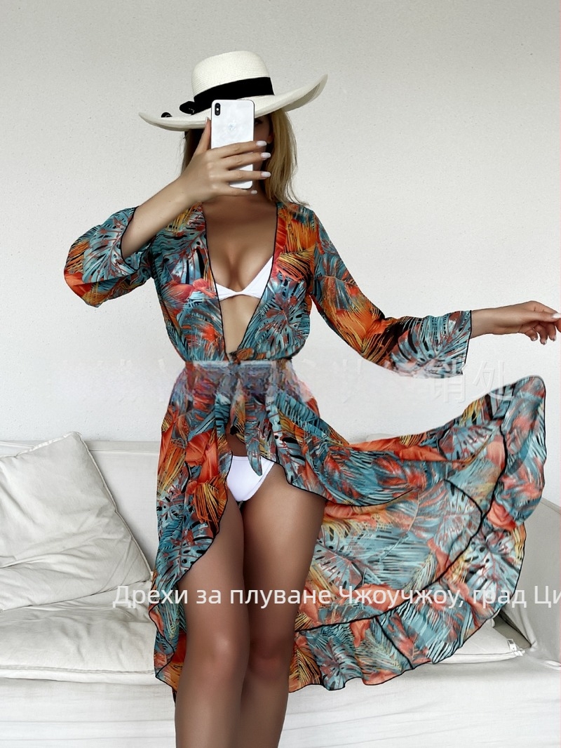 Женски бански с флорален принт и мрежеста плажна рокля; полиестер материя, 100% полиестер, 230 г/м², подходящ за плуване.