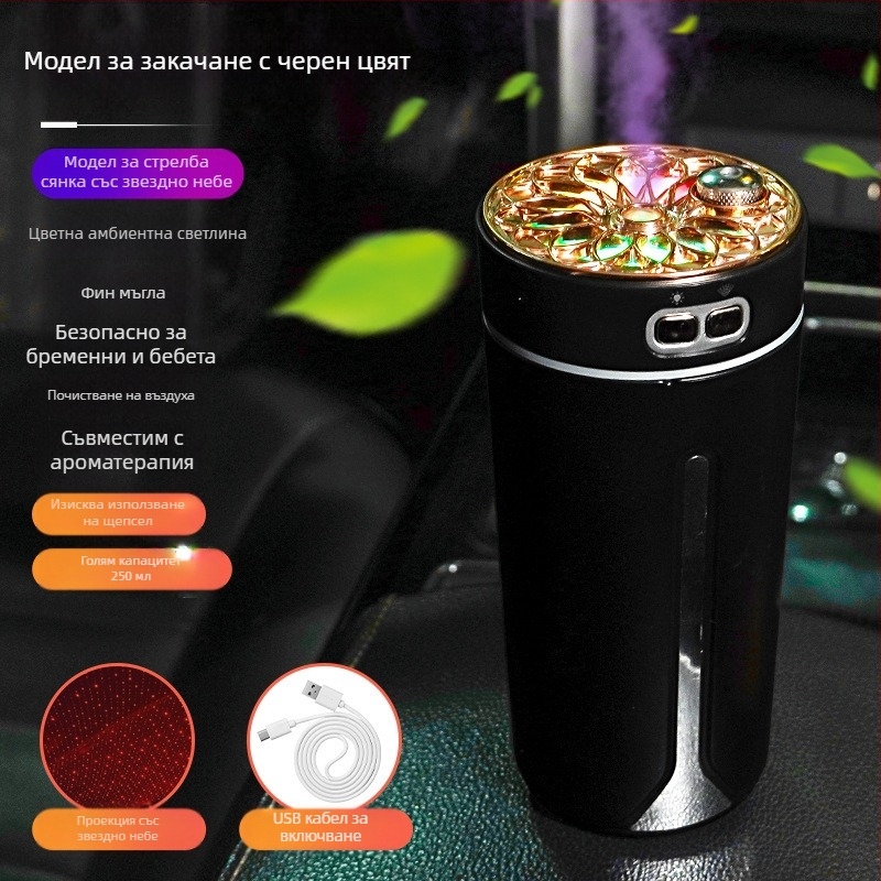Автомобилно монтиран USB арома-увлажнител, резервоар 0,5 л, 1 изход за мъгла, кръгъл дизайн