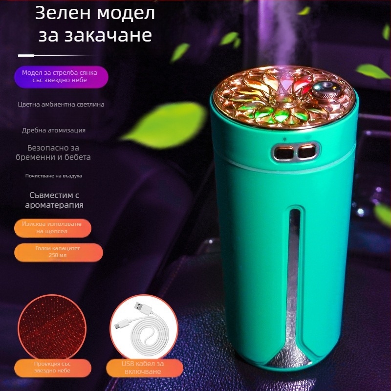 Автомобилно монтиран USB арома-увлажнител, резервоар 0,5 л, 1 изход за мъгла, кръгъл дизайн