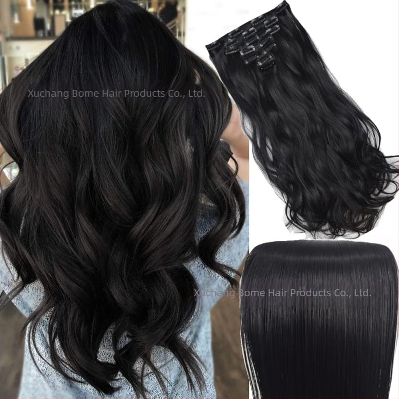 Клип-ин екстеншъни за коса, 6-частов комплект, термоустойчиви влакна, за дами