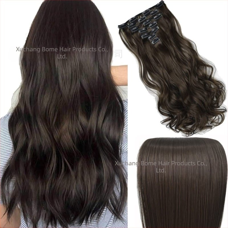 Клип-ин екстеншъни за коса, 6-частов комплект, термоустойчиви влакна, за дами