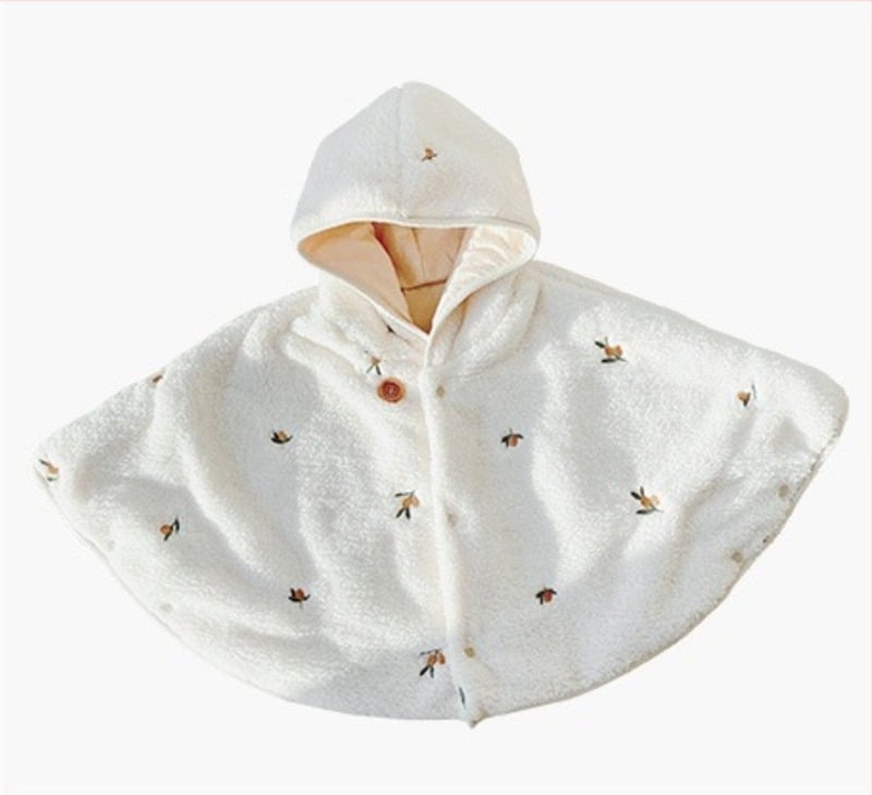 Детски плащ-пелерина с отделяща се качулка, плюшена кадифена материя Coral Vinylon (91–95%), подплата полиестер, дебел зимен дизайн, еднобортен стил