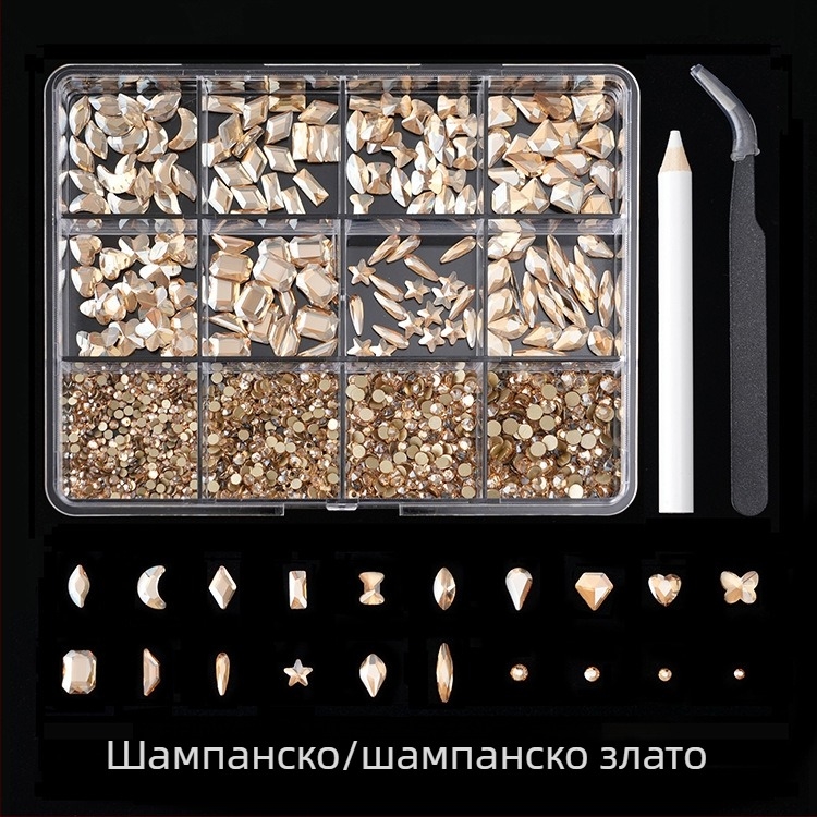 Jane Workshop серия Princess, кутия за кристали за маникюр с 12 секции, стъклени кристали, плоско дъно, мотиви: пеперуда, луна, водна капка, звезди