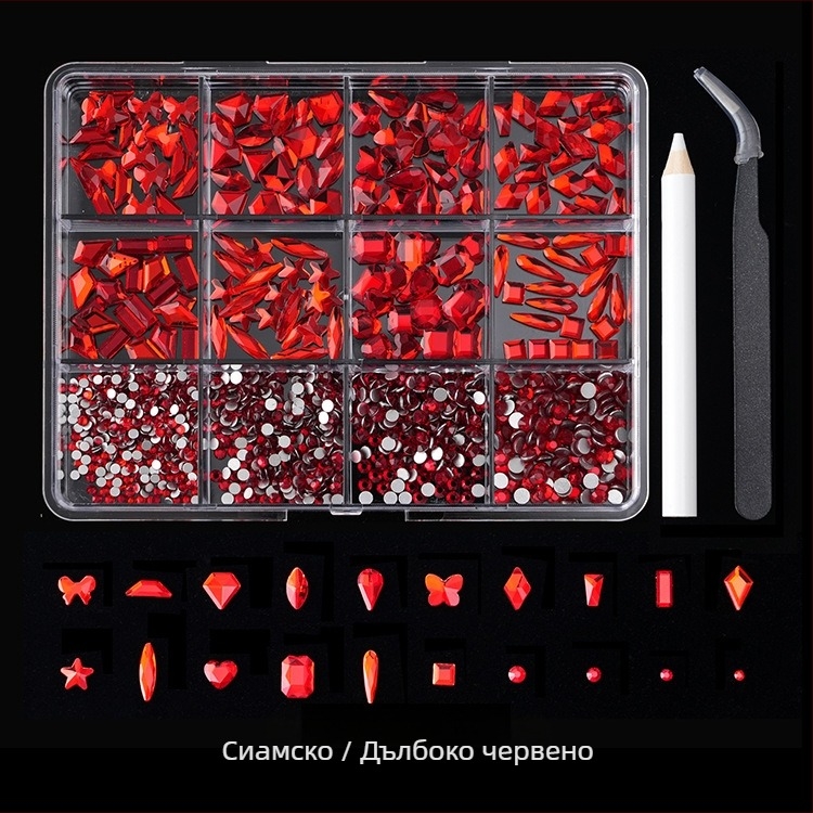 Jane Workshop серия Princess, кутия за кристали за маникюр с 12 секции, стъклени кристали, плоско дъно, мотиви: пеперуда, луна, водна капка, звезди