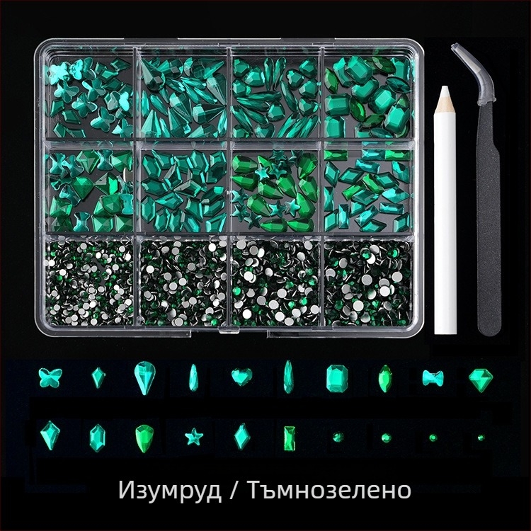 Jane Workshop серия Princess, кутия за кристали за маникюр с 12 секции, стъклени кристали, плоско дъно, мотиви: пеперуда, луна, водна капка, звезди