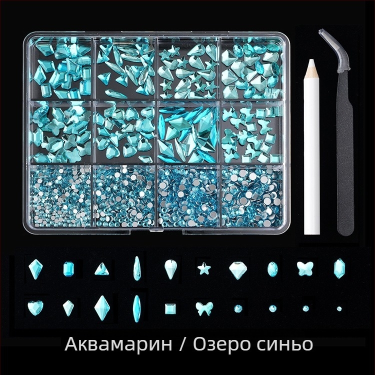 Jane Workshop серия Princess, кутия за кристали за маникюр с 12 секции, стъклени кристали, плоско дъно, мотиви: пеперуда, луна, водна капка, звезди