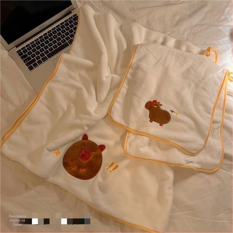 Longshen 2-частен комплект кърпи за баня с гвинейско прасе, корал велур, 150D, 300–400 г, бродирана картина с капибара