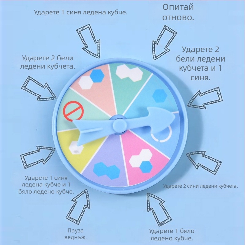 Детска интерактивна настолна игра: Спасение на пингвини и разбиване на лед — пластмаса; развива визуално възприятие, интелект и координация ръка-очи; за възрастови групи 4–6, 7–14 и 15–35.