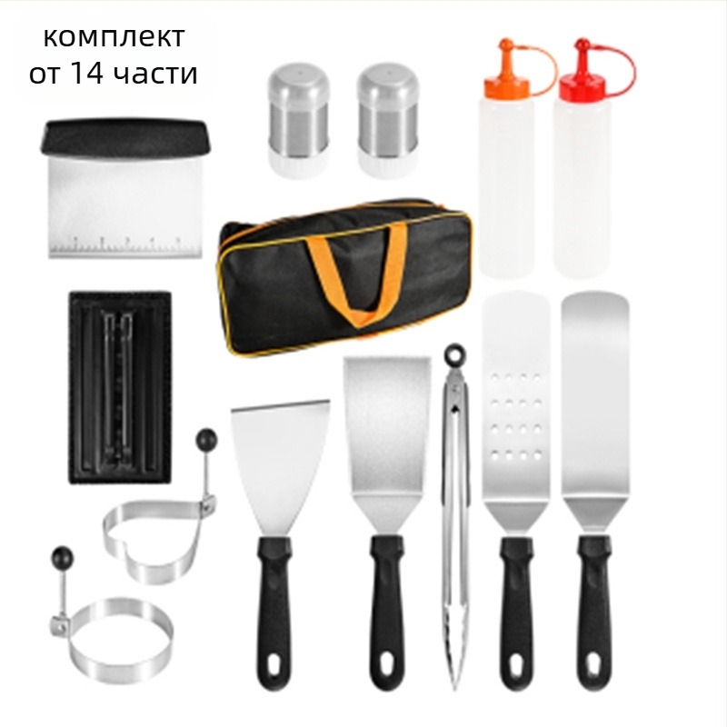 18-частен комплект от неръждаема стомана за барбекю с дървени дръжки за открито готвене Teppanyaki – включва клипс, четка, вилица и шпатула