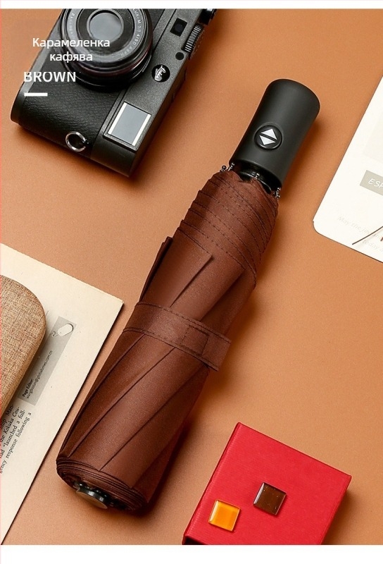 Чадър със 8 ребра, ветроустойчив трипътен дизайн, полуавтоматично отваряне и автоматично прибиране, възможност за печат на лого, плат 210T