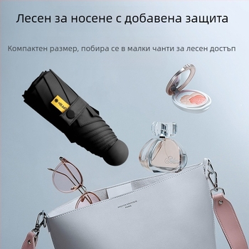 Петчастен капсулен джобен чадър с UV защита UPF50+, 190T плат, 6 рамена, стоманен прът, пластмасова дръжка, ръчно отваряне, рекламен чадър