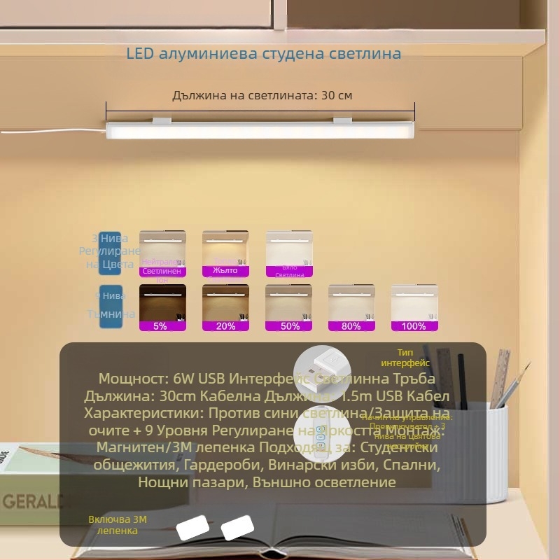 Настолна лампа за учене с USB захранване, бутонен превключвател, корпус от PC, регулируема яркост, модерен минималистичен стил