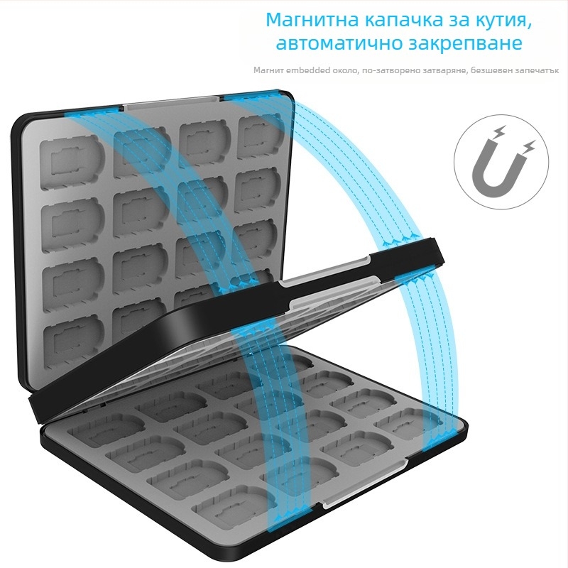 Nintendo Switch кутия за съхранение на игрови карти 64 32-in-1 – магнитна силиконова ABS кутия, съвместима с Switch 2/OLED/Switch/Lite, размери 17.5×13.5×2.4 см, тегло 360 г