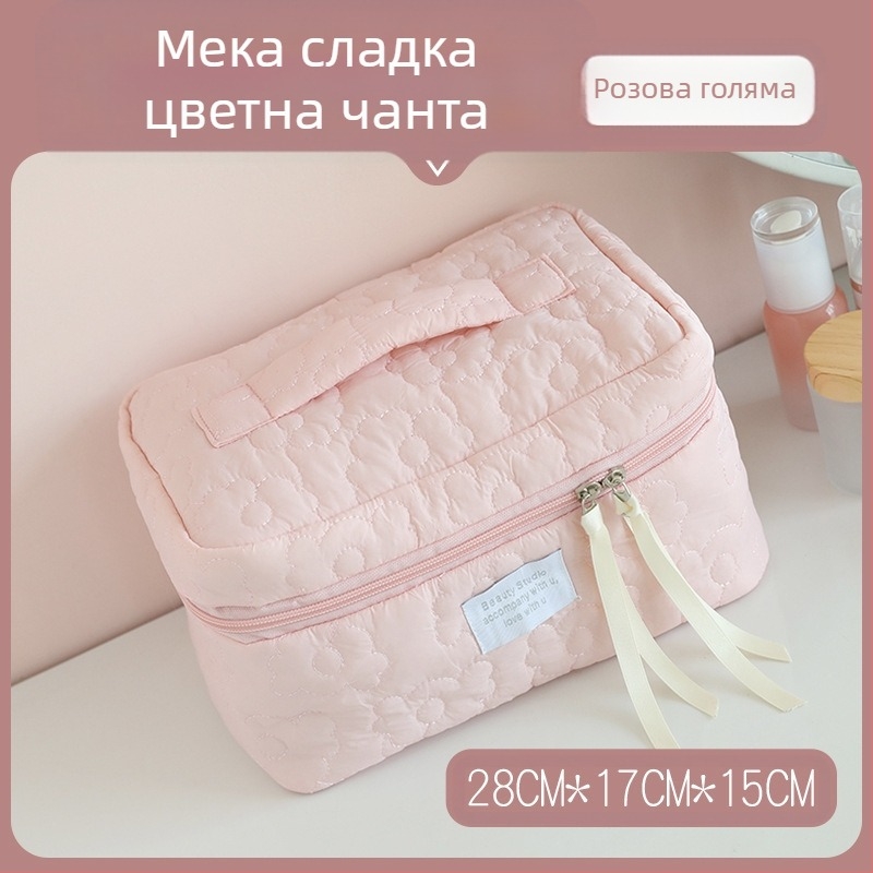 Козметична чанта с панделка – памучен материал, подплата полиестер, шарка панделка, дишаща, голям капацитет