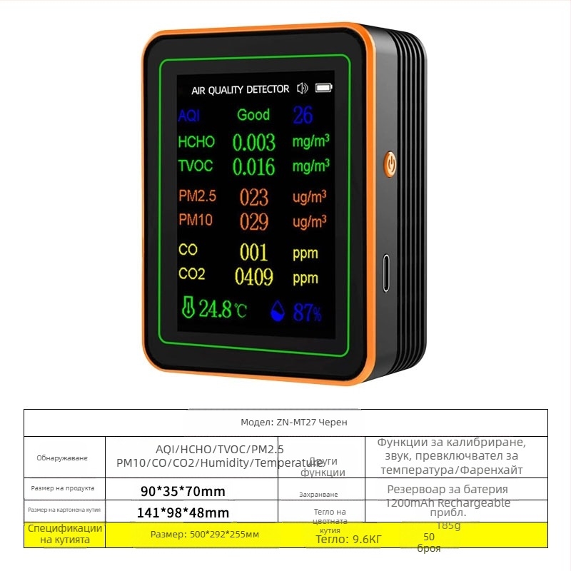 Въздушен монитор за качество на въздуха 15-in-1: CO2, PM2.5, TVOC, формалдехид, температура и влажност; модел ZN-MT22, диапазон CO2 400-5000 ppm, точност 1 ppm, DC 3.7V