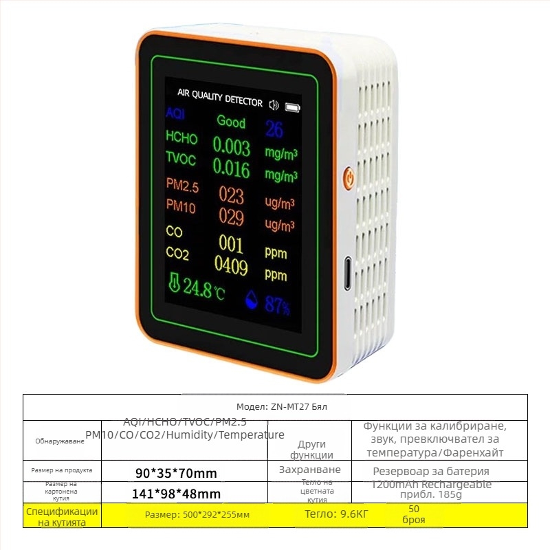 Въздушен монитор за качество на въздуха 15-in-1: CO2, PM2.5, TVOC, формалдехид, температура и влажност; модел ZN-MT22, диапазон CO2 400-5000 ppm, точност 1 ppm, DC 3.7V