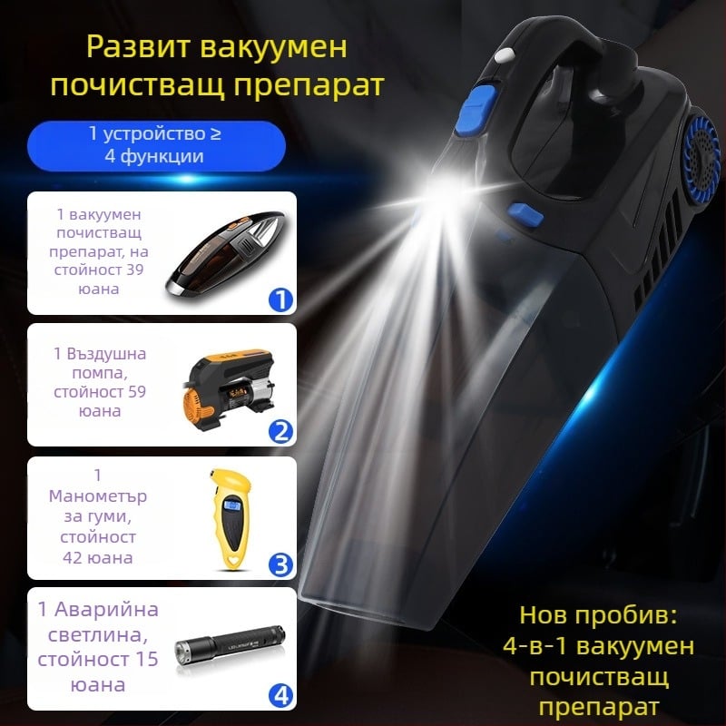 Ръчен автомобилен вакуум за почистване с въздушна помпа и безжично зареждане – всмукване 6000 Pa, 12V, 120W