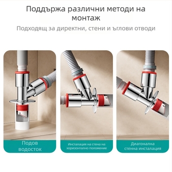 Пералня дренажен тройник с три входа — ABS + силикон, електроплатиран корпус, универсален съединител, против миризма