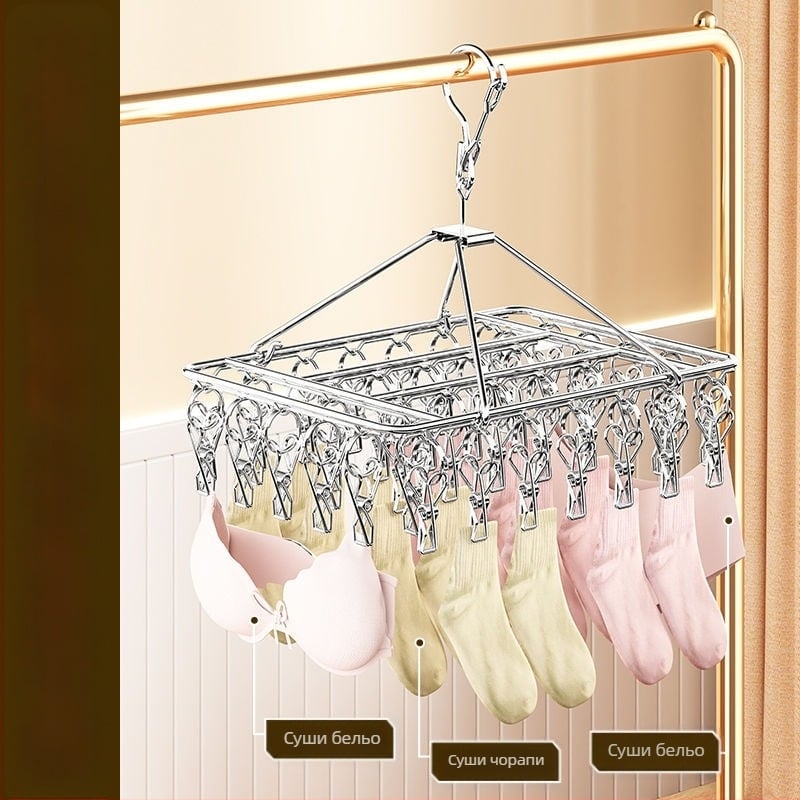 Стоманена закачалка за дрехи с три клипа и няколко реда куки, модерна и опростена конструкция, капацитет 5 кг