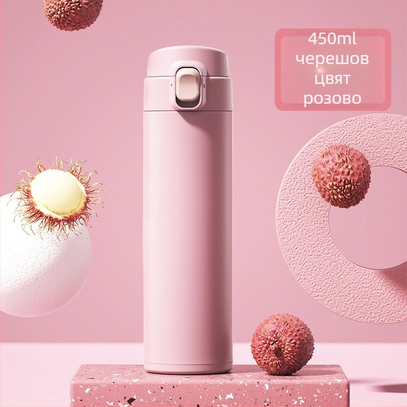 Термос чаша с подскачащ капак; вътрешна 304 неръждаема стомана; външен корпус 201 неръждаема стомана; изолация 6–12 ч; персонализируемо лазерно гравиране или ситопечат