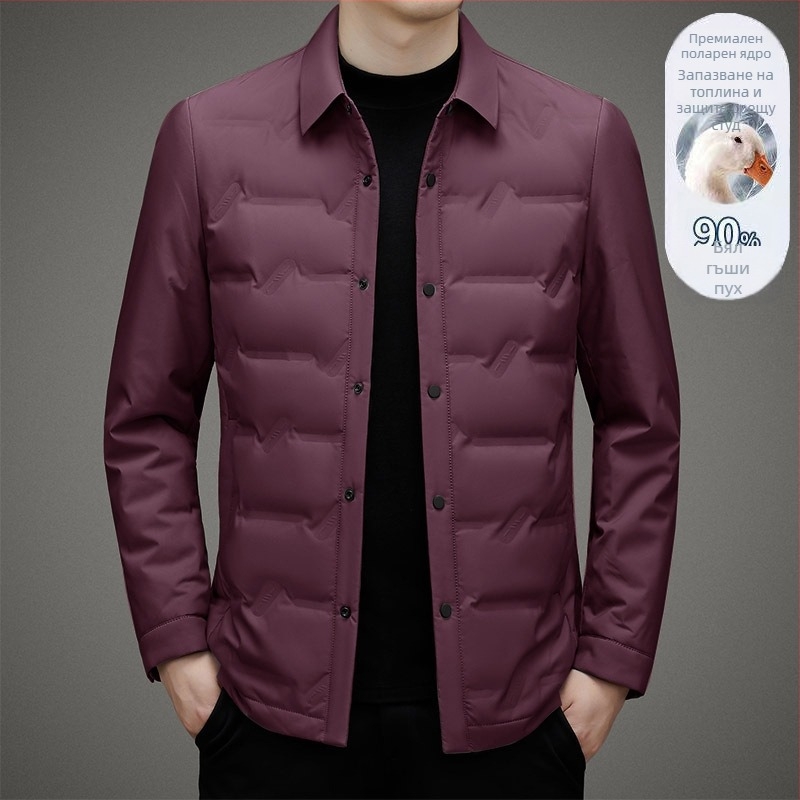 Леко пухено яке за мъже на средна възраст, с яка с ревери, без качулка, еднобортово закопчаване, бял гъши пух, 700 пух, за зимен сезон 2024
