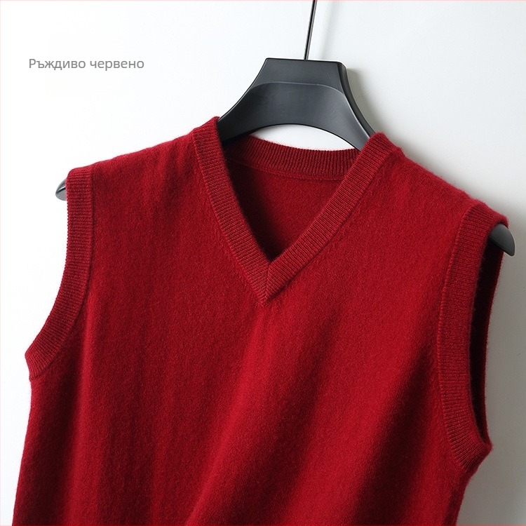 Мъжка жилетка от 100% вълна, плетена без ръкави, свободна кройка, V-образно деколте