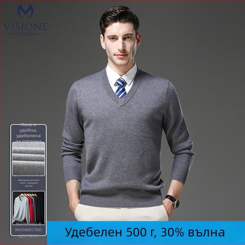Мъжки пуловер от вълна с V-образно деколте, дебело плетиво, съдържа 30–35% вълна и акрил, тясна кройка, средна дължина (65–80 см)