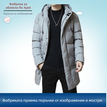 Мъжко памучно подплатено палто с качулка, средна дължина, цип, дебело зимно, джобове с триизмерен аплик