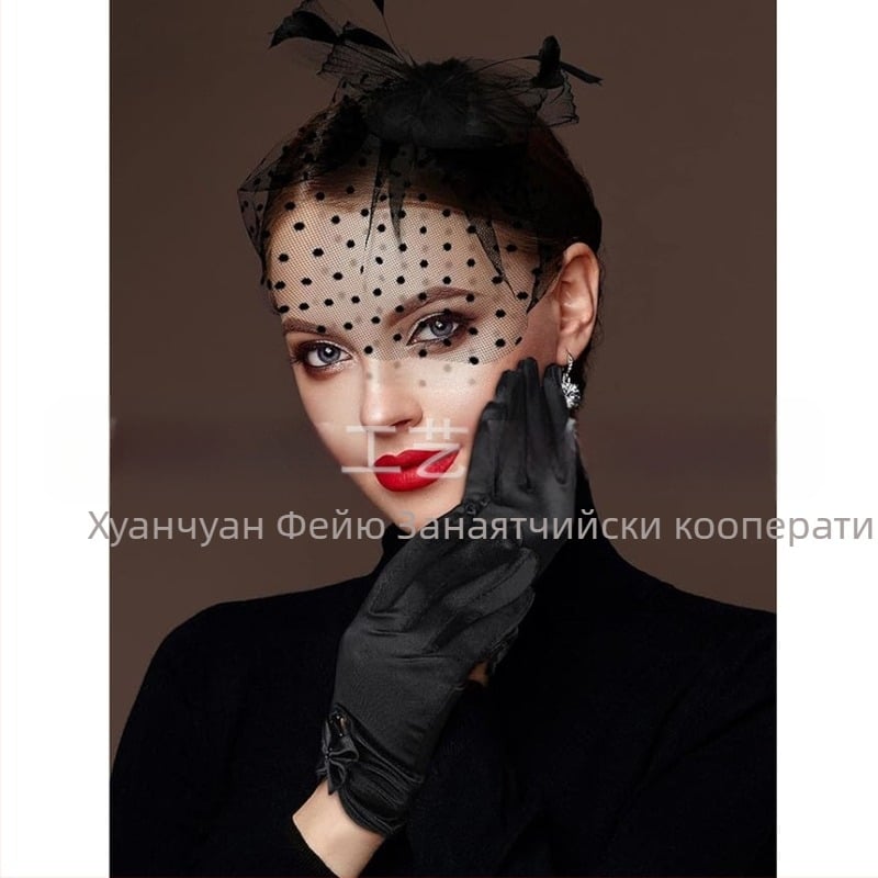 Дамски комплект за глава от мрежа с пера и дантелени ръкавици — ръчна изработка, артикул WEN7-30, индивидуално опаковано