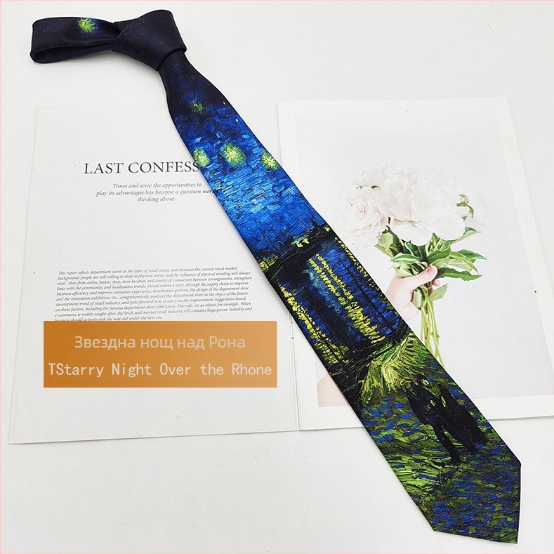 Вратовръзка полиестер-шелк с принт маслена живопис, унисекс, модерен стил, 8×145 см, печат