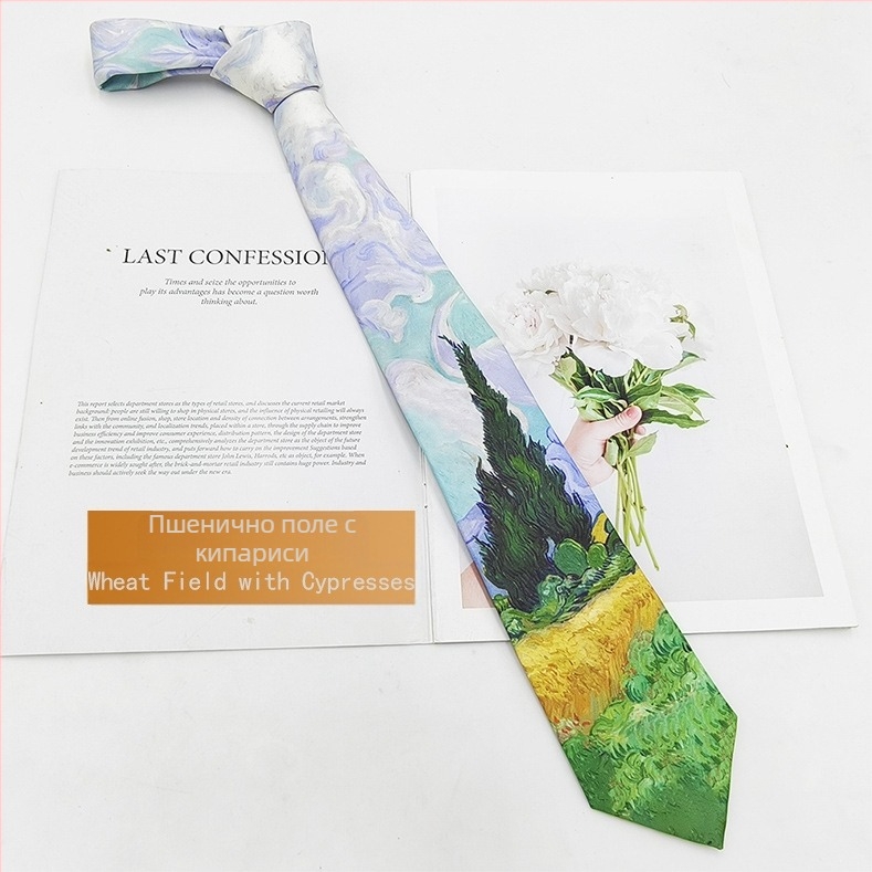 Вратовръзка полиестер-шелк с принт маслена живопис, унисекс, модерен стил, 8×145 см, печат