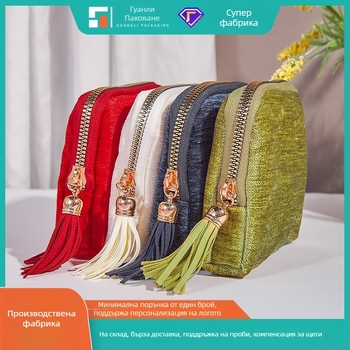 Чанта за бижута с пискюл и цип, голям капацитет, кадифено двоен слой