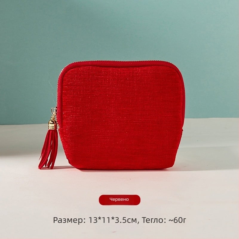 Чанта за бижута с пискюл и цип, голям капацитет, кадифено двоен слой