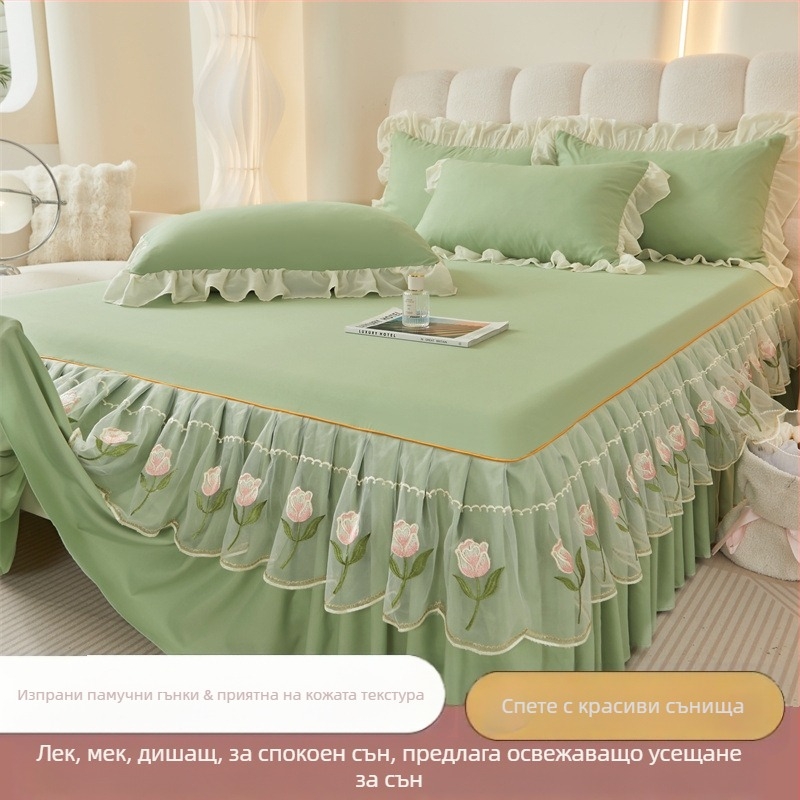 Френски стил комплект за легло с пола за легло и покривало, измит памук, бродерия, едноцветен, с кант по краю, три части, луксозен стил