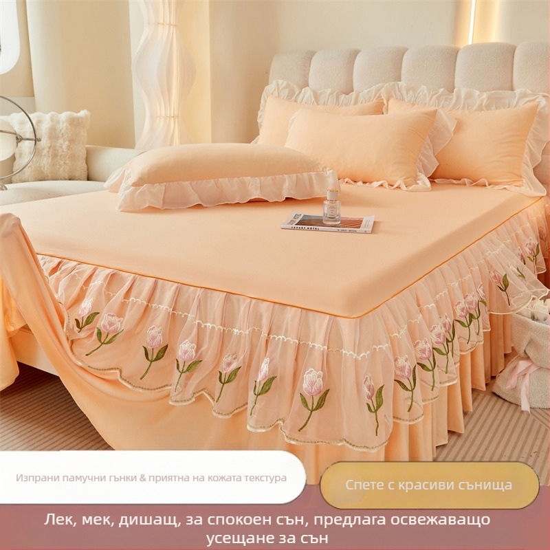 Френски стил комплект за легло с пола за легло и покривало, измит памук, бродерия, едноцветен, с кант по краю, три части, луксозен стил