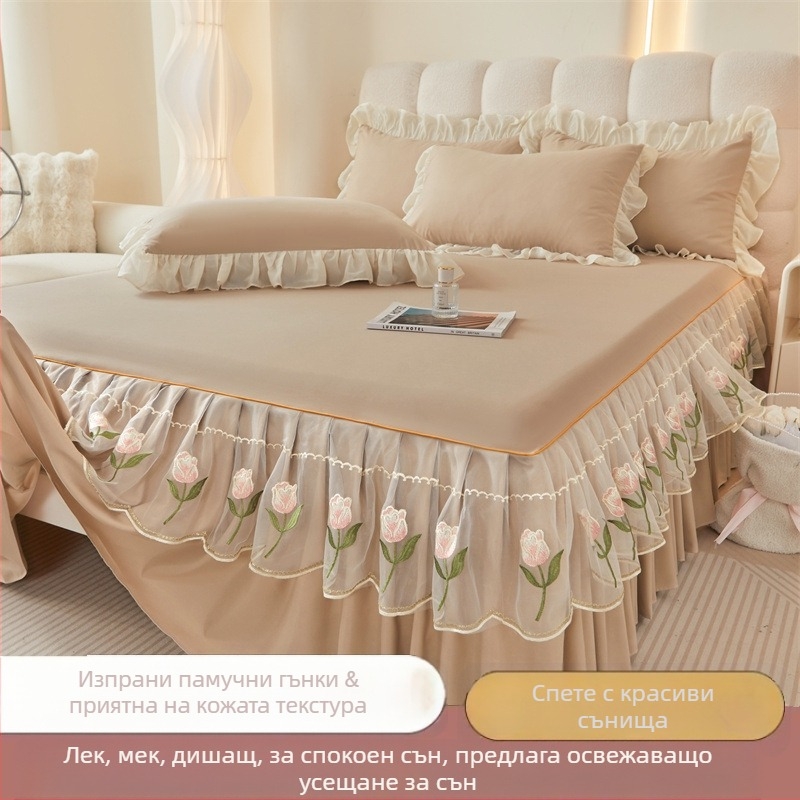 Френски стил комплект за легло с пола за легло и покривало, измит памук, бродерия, едноцветен, с кант по краю, три части, луксозен стил