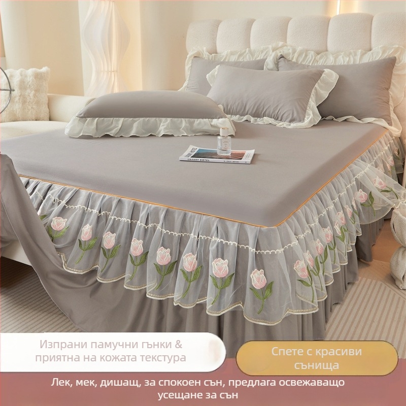 Френски стил комплект за легло с пола за легло и покривало, измит памук, бродерия, едноцветен, с кант по краю, три части, луксозен стил