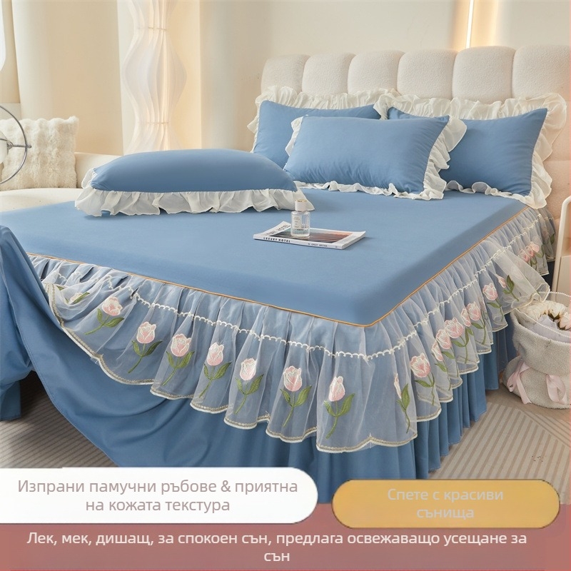 Френски стил комплект за легло с пола за легло и покривало, измит памук, бродерия, едноцветен, с кант по краю, три части, луксозен стил
